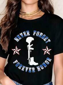 Never Forget Forever Honor Military Tribute T-Shirt With Rifle Helmet And Boot Design For Veterans Day And Memorial Day - Black - View 1