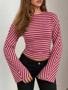 Minimalist Premium Color-Block Striped Cinched Waist Daily Date Street Party Women's Long Sleeve Top With Flared Loose Sleeves - Rusty Rose - View 4