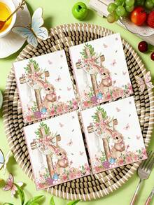 20pcs Easter Bunny Printed Party Napkins - 2-Ply 24.89x24.89 Cm Green Plaid With Butterfly & Rabbit Design, Handmade Bone Bart Paper Placemats For Easter Spring Table Decorations - Multicolor - View 3
