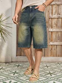 Mercer Haus Men's Washed Slant Pocket Casual Denim Shorts Jorts , Suitable For Summer Tropical Holiday Vacation In Hawaii. - Blue - View 1