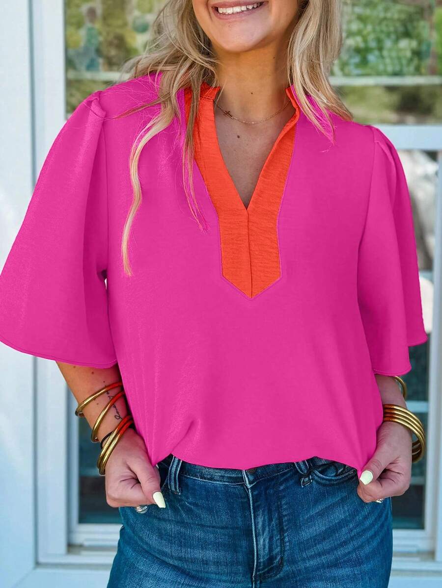 Acelitt V领短袖女式上衣，常规下摆，V领开衩面料衬衫 - 玫瑰紅 - 查看 1