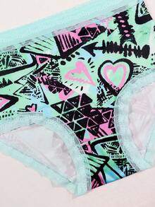Dircho 6pcs Women's Graffiti Print Panties, Contrast Pink And Mint Green Elastic Waistband, Soft Comfortable Fabric Underwear Set, Featuring Energetic Abstract And Heart Patterns, Breathable And Comfortable For Daily Wear - Multicolor - View 2
