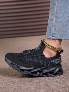 女士透气套脚运动鞋，减震防滑鞋底，适合护士和学生穿着，时尚休闲跑步鞋，纯色，四季皆宜的织物鞋面，缓震稳定支撑，无印花，大码休闲运动鞋 - 黑色 - 查看 10