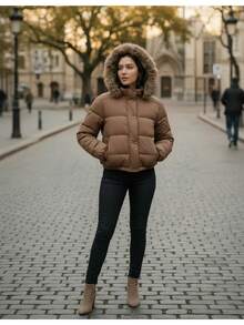 Women's Winter Jacket With Lined Puffer Hood And Fleece Lining - 鏽棕色 - 查看 2