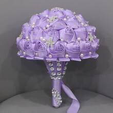 1件手工串珠新娘婚礼捧花，闪亮银色水晶缎带玫瑰，酒红色、海军蓝、浅紫色布艺永生花，人造布艺玫瑰捧花 W224 - 新娘手捧花 - 查看 10