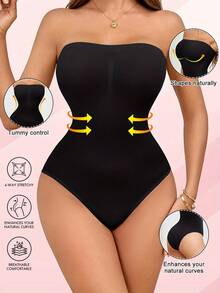 1pc Women's Strapless Solid Color Bodysuit, Seamless High-Waist Slimming Shapewear, Nylon Knit Fabric, No Padding, High Support Black Elegant Summer - Black - View 1