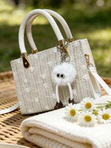 草编手提包 | 花卉图案沙滩托特包 | Y2K风格夏季度假单肩包/斜挎包，适合春夏季海滩休闲度假。优雅的草编手提包，休闲百搭，可装钱包、化妆品、手机、零钱包等。适合夏季海滩、度假、购物、摄影等场合。也是送给女友或母亲的绝佳节日礼物。 - 白色 - 查看 5