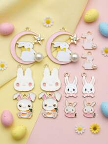 Easter Charms, Enamel Bunny Pendant, DIY Keychain Accessories, Alloy Rabbit Drops, Pearl Moon Charm, Carrot Bunny, Kawaii Jewelry Findings. - Multicolor - View 6