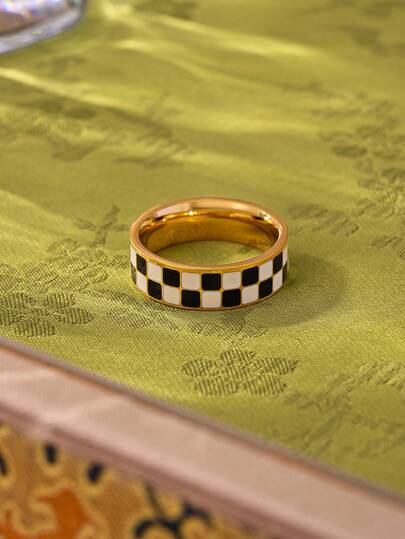 1 pieza Anillo a cuadros negro y blanco de acero inoxidable, material inocuo para el Body, elemento clásico eterno, estilo minimalista de alta calidad para uso diario