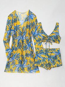 休闲女士比基尼套装，包含短裤和吊带背心，饰有热带树叶印花和系带细节，采用弹力面料制成，适合夏季海滩度假穿着。 - 黃色 - 查看 8