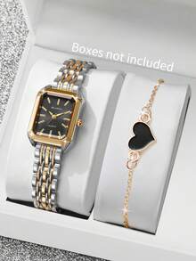 2pcs/Set Women's Gift Rectangular Minimalist Scale Dial Elegant Quartz Watch + Heart Charm Bracelet (Watch Box Not Included) - Multicolor - View 10