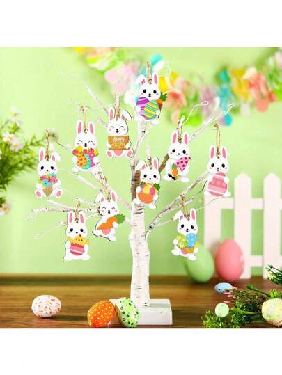 10pcs/Set White Rabbit Wooden Ornaments, Easter Bunny Decor Hanging Accessories, Cute White Wooden Rabbit Decorative Items, Holiday Home Decor