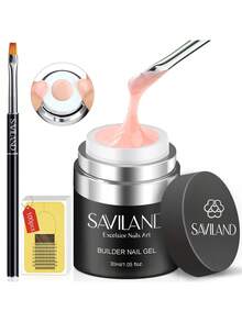 Saviland 美甲凝胶套装 30ml 裸粉色硬胶美甲延长套装，含气垫底胶、加固胶、延长胶、100片美甲贴片和亚克力刷套装，家用美甲沙龙DIY美甲入门套装 - 裸粉色 - 查看 2
