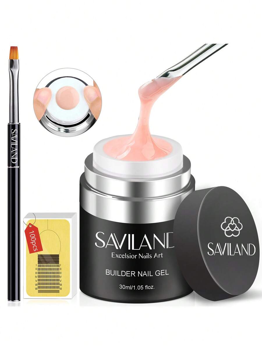 Saviland 美甲凝胶套装 30ml 裸粉色硬胶美甲延长套装，含气垫底胶、加固胶、延长胶、100片美甲贴片和亚克力刷套装，家用美甲沙龙DIY美甲入门套装