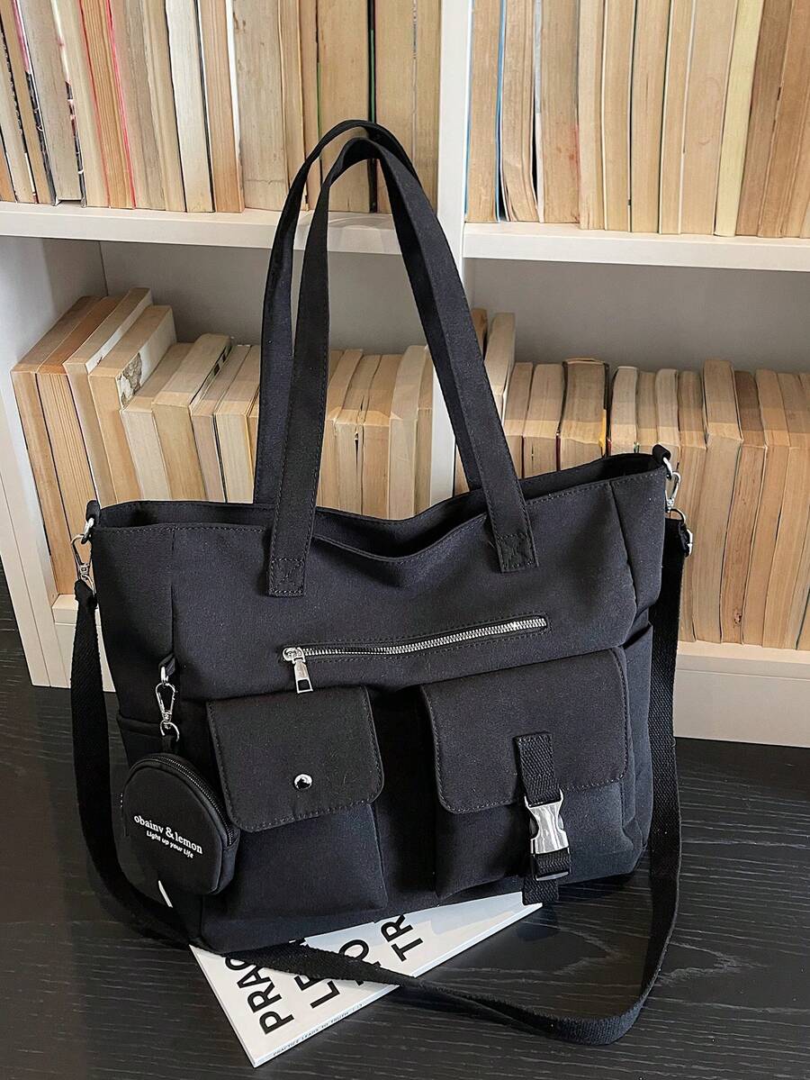 1pc Black Nylon Material Shoulder Bag, Coin Purse Pendant, Metal Buckle & Zipper Decor, Large Capacity Tote Bag With Multiple Pockets, Suitable For Commuting, School, Daily Use - Black - View 1