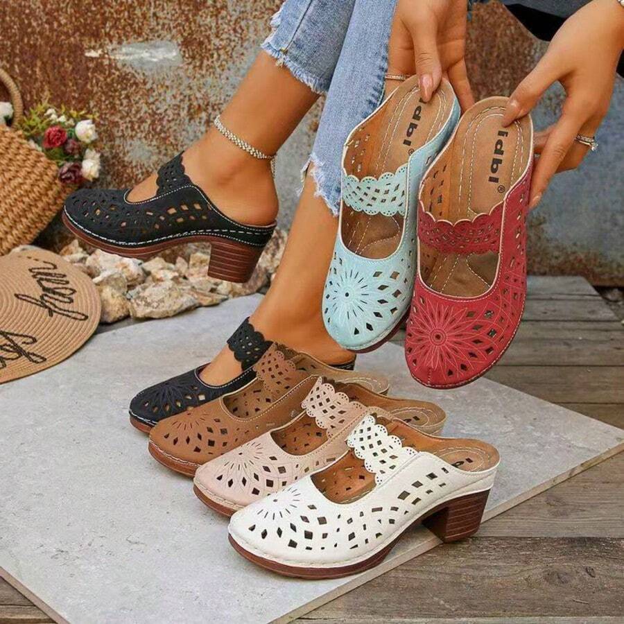 Boho Chic Floral Cut-Out Mules | Lightweight Breathable Slip-Ons With Medium Heel - Black - View 1