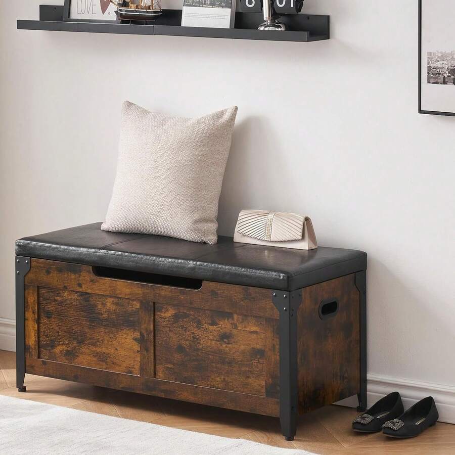 Banco otomano de Almacenamiento de Madera Retro de 39.5 Pulgadas con 2 bisagras de Seguridads, soporta hasta 300 Libras - Cofre de Almacenamiento para Dormitorio, Entrada y Sala de Estar - Marrón - Ver 1