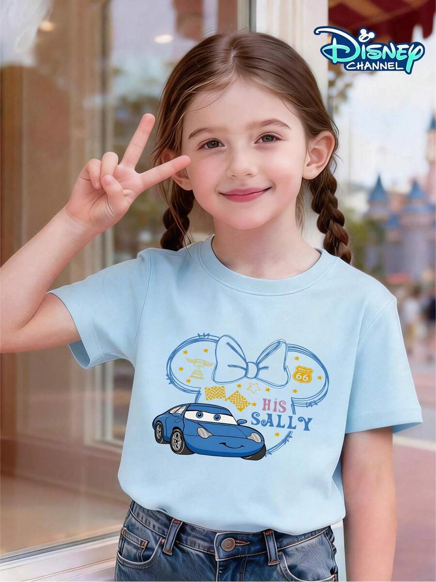 Disney Cars Classic Sally Character Collaboration Short-Sleeve T-Shirt For Girls, Summer, Round Neck, Loose Fit, Comfortable And Shape-Retaining Pullover, Pairs With Jeans, Overalls, Shorts, Pleated Skirts, Dresses, Casual Cargo Pants, Suitable For Children Aged 3-12, Double-Sided Creative Print Cartoon Racing Pattern Top, Exclusive Style For Baby's Holidays, Vacations, Outings, School Days, Daily Wear, Comfortable, Eye-Catching, Birthday Gift, Excellent Children's Cartoon Pattern Top, Great For Friends, Outings, Photogenic, Skin-Friendly, Breathable, Washable, Colorfast, Suitable For Everyday Wear, Home, Casual, And Outdoor Play, Suitable For Spring, Summer, And Autumn, Versatile Cartoon Short-Sleeve Top For Girls - Baby Blue - View 1