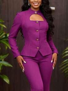 优雅紫色镂空领修身纽扣前襟正式宴会商务衬衫 - 紫色 - 查看 1