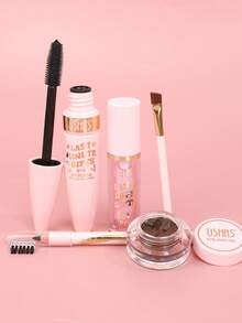 USHAS Mascara + Eyebrow Pencil + Eyeliner + Lip Oil Set, With Makeup Brush, Black Mascara + Black Eyeliner + Brown Eyeliner + Transparent Moisturizing Lip Oil, Cute Pink Packaging, Perfect Makeup Gift For Holidays, Anniversaries, Birthdays - #01 - View 6