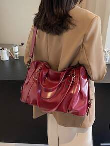 Retro Minimalist Large Capacity Fashion Student/Work Commute Tote Bag - Red - View 9