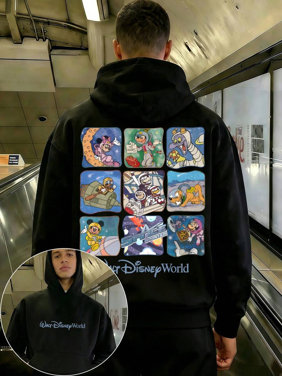 Men's Crewneck Sweatshirt And Sweatpants Set, Featuring A Disney Mickey Mouse Design And The "Disney World" Logo. This Comfortable Two-Piece Men's Hoodie And Sweatpants Set Makes A Perfect Gift For Men. - màu đen - Xem 1