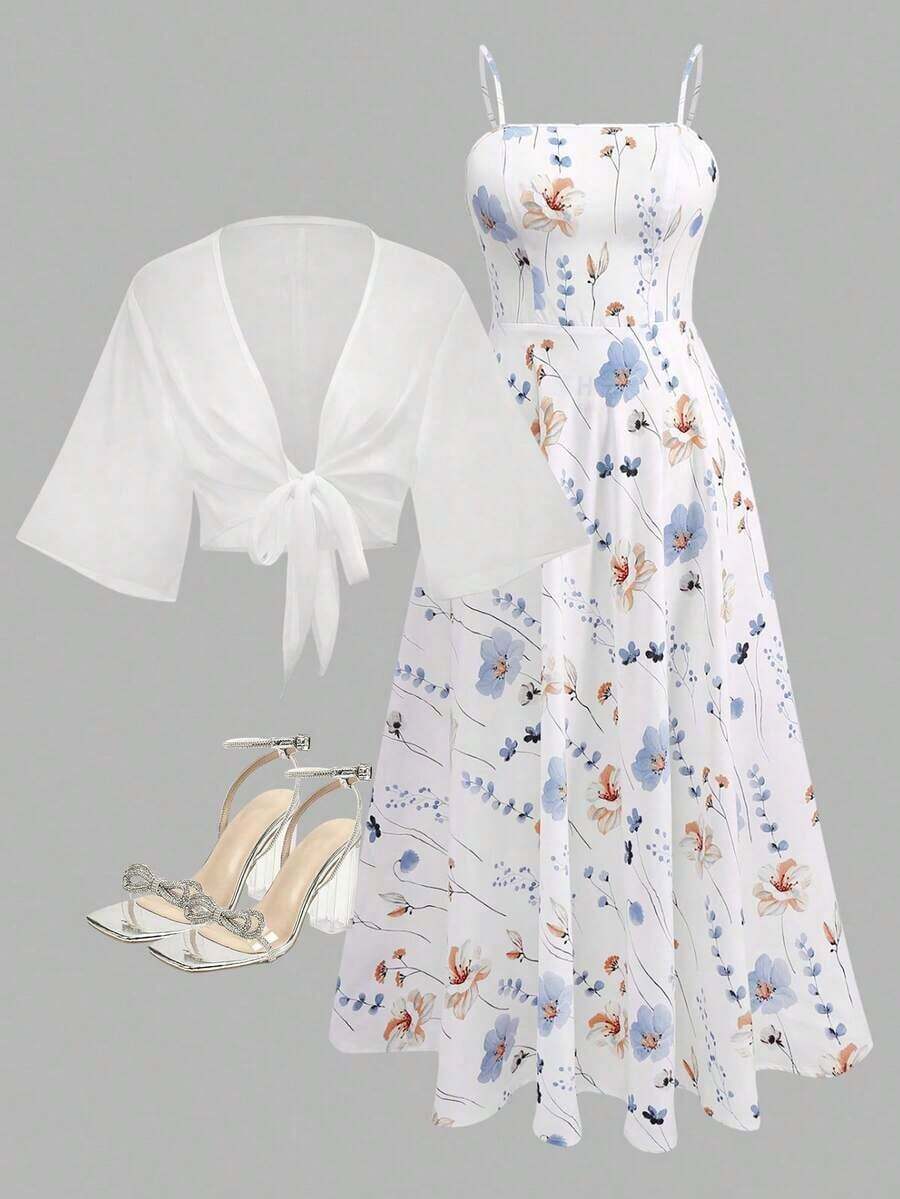 2 Pieces Women's Floral Chiffon Dress & Elegant Romantic Date Outfit - 彩色 - 查看 1