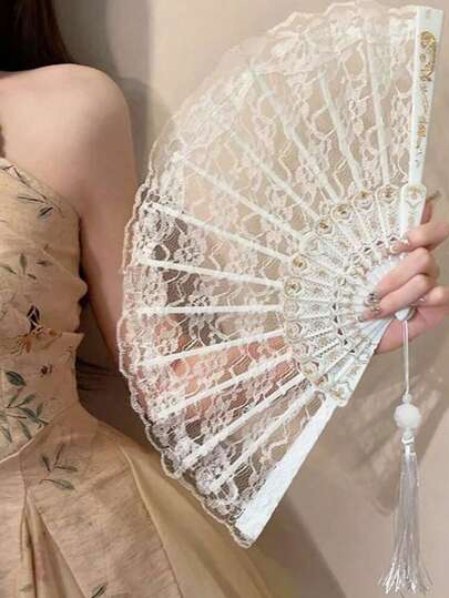 1pc Vintage French Style Lace Tassel Folding Hand Fan, Fashionable & Portable, Suitable For Summer Dance