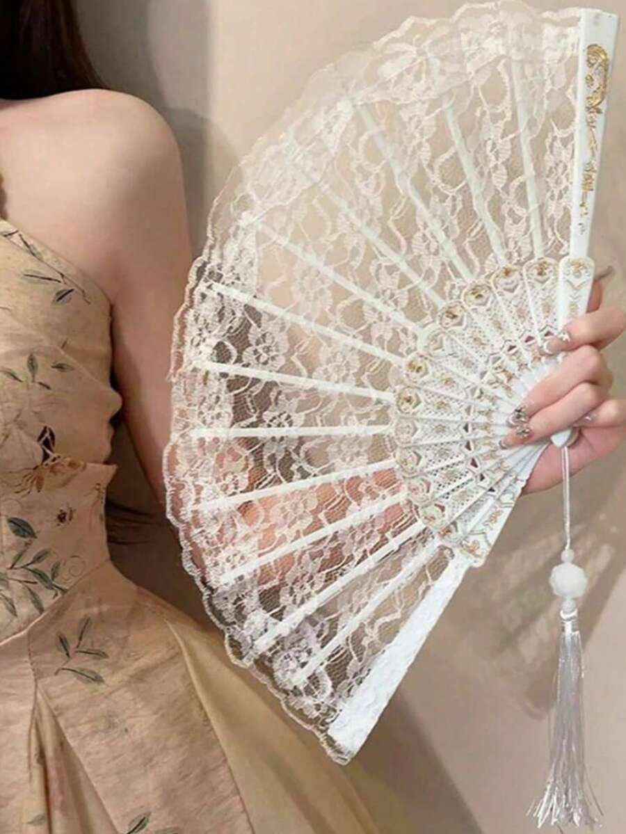 1件復古法式蕾絲流蘇摺疊扇,時尚便攜夏季舞蹈配件 - 蕾絲扇 - 查看 1