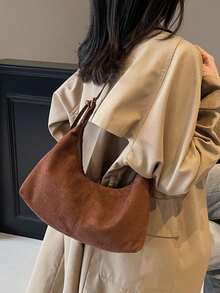 1 pieza Bolso de hombro de diseño de nicho, de unicolor suave de PU, de moda minimalista y versátil, bolso de mano pequeño para debajo del brazo para mujeres - Café - Ver 3