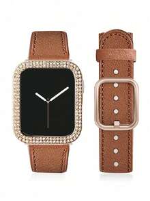 Kompatibel mit Apple Watch Armband und Uhrenschutzhülle, PC-Hartmaterial weißer Rahmen mit Strass-Roségold-Rahmen, integrierte Bildschirmschutzfolie stoßfest und kratzfest Uhrenschutzhülle mit Armband 41mm 42mm 44mm 45mm 46mm 49mm, Smartwatch-Zubehör Armband für Damen und Herren SE/S11/S10/S9/S8/S7/S6/S5/S4, Sommer-Damenaccessoires Strandparty Event Ball Urlaubsgeschenk Abschlusssaison Schulanfang - Braun - Übersicht 5