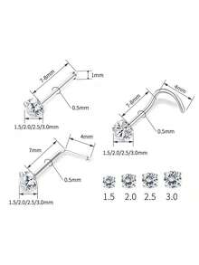 四件 1.5/2/2.5/3 毫米闪亮立方氧化锆鼻钉饰品，I L S 形骨鼻钉和耳钉饰品，耳廓穿孔耳环，鼻环，乳环，肚脐环，唇环，闭合铰链软骨螺旋耳环和唇环。 - 銀色 - 查看 3