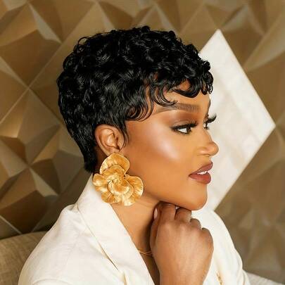 1pc 180% Density Glueless Rose Net Short Curly Pixie Wig, Wavy Layered Hairstyle, Suitable For Party, Holiday And Daily Use, No Adhesive Needed, Instantly Adds Volume And Fit