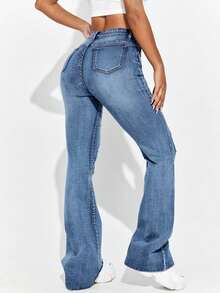 Fashionable High-Waisted Dark Blue Jeans With Pockets - Blue - View 2
