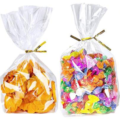 50/100 piezas Bolsas de regalo de papel de vidrio transparente, 15 cm x 25 cm, bolsas de caramelos transparentes, con fondo con pliegue, pequeñas bolsas de plástico para empaquetar galletas, caramelos, recuerdos de fiesta, palomitas de maíz, incluye 50 piezas de lazos retorcidos dorados