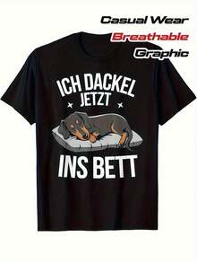Camiseta de algodón puro para hombre con gráfico divertido de perro salchicha "Ich Dackel Ins Bestt" (frase en alemán que significa "Mi perro salchicha es el mejor"), con estampado de perro durmiendo, color negro con impresión blanca, tela suave y transpirable, mangas cortas, cuello redondo, adecuada para uso casual, diseño divertido. - Negro - Ver 2