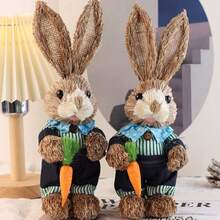 Easter Straw Bunny Decoration Holding Carrot/Eggs/Flowers Rattan Rabbit Figurines Table Centerpiece For Home Farmhouse Holiday Spring Party Tiered Tray Decor - C - View 3