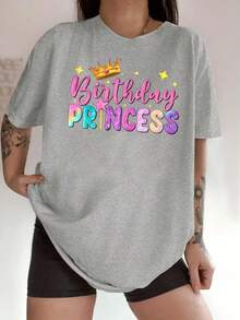 Plus Size-Birthday Princess Print, Adorned With Crowns And Stars, Colorful. Unique Pattern Print Casual Everyday Round-Neck Short-Sleeve Fashion Sports T-Shirt, Comfortable Top For Women-1XL-5XL - Màu Xám nhạt - Xem 6