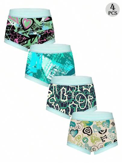 Dircho 4pcs Women's Romantic All-Over Print Boy Shorts Set, Ultra-Soft Skin-Friendly High Stretch Underwear Designed For All-Day Comfort And Sweet Daily Style