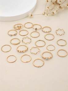 22 件套时尚简约镶嵌钻石心形、波浪星形不规则戒指，金色几何女士指节戒指套装，适合时尚摄影、约会之夜、派对和日常休闲装扮。 - 金色 - 查看 6