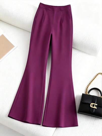 Women's Purple High-Waisted Flare Pants, Slim Fit Flattering Flare Trousers Suitable For Party, Evening, Office Wear