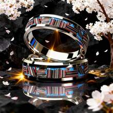 时尚8毫米银色陶瓷316L不锈钢戒指，男女通用，镶嵌合成蓝色蛋白石，发光戒指，舒适贴合，珠宝礼品 - 銀色陶瓷不銹鋼 - 查看 4