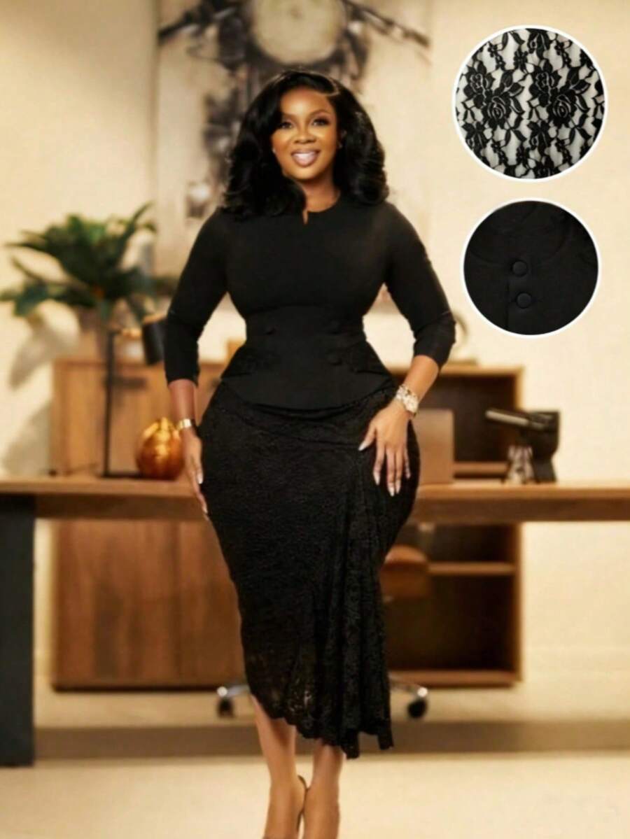 NOU Autumn/Spring Tight Long Sleeve Double-Breasted Faux Pocket Top With Lace Decorated Fitted Waist Flared Hem Skirt, Black Formal Mid-Length Skirt Suit For Women Elegant Solid Color Lace Patchwork Office Lady Daily Date Wedding Dress Suit, Spring/Autumn - Black - View 1