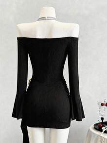 女士纯色休闲打结针织连衣裙，饰以纯色金属扣，优雅时尚，适合办公室、居家、日常穿着、度假及各种场合，四季皆宜，春季黑色款 - 黑色 - 查看 7