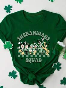 Disney Women's T-Shirt Featuring St. Patrick's Day-Themed Mickey Mouse And Friends Cartoon Print. Spring/Summer Women's Crew Neck T-Shirt Crafted From Soft, Comfortable Fabric. A Stylish Disney Women's Graphic Tee Perfect For Everyday Wear, Outings, Travel, And Leisure-Also Makes An Exquisite Gift. - Green - View 1
