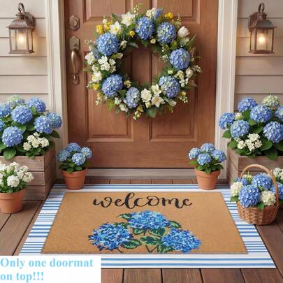 1pc Hydrangea Door Mat Blue And White Stripe Welcome Non Slip Flower Mats Floor Layering Floral Doormats Seasonal For Front Porch Entryway Decor