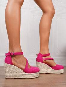 女士仿皮坡跟凉鞋,夏季度假款,方头套脚式,3.15英寸鞋跟,舒适编织镂空鞋,尺码34-43 - 玫紅色 - 查看 9