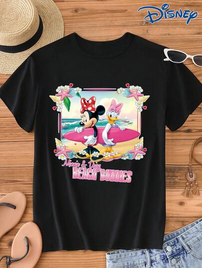 1pc Disney IP Authorized Minnie Mouse & Daisy Duck Graphic Print Short Sleeve T-Shirt, Round Neck, Stretchy, Easy Care Material, Suitable For Daily Wear, Fashionable Women's Short Sleeve T-Shirt, Casual Wear