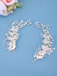 1件装女士婚礼树叶合金珍珠水钻软链发箍 - 銀色 - 查看 2