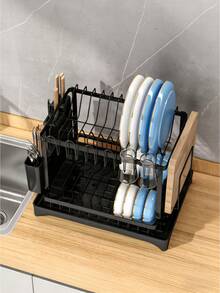 Giá để ráo nước hai tầng bằng thép không gỉ dung tích lớn, phù hợp với mặt bàn bếp - Có thể đựng đĩa, dao, cốc và thớt, màu đen, thiết kế tiết kiệm không gian, phù hợp với nhà bếp nhỏ, giá để đồ và sắp xếp đồ dùng nhà bếp | Phụ kiện nhà bếp hiện đại | Giá để ráo nước dung tích lớn, phù hợp với mặt bàn bếp - Nhiều thông số kỹ thuật - Xem 4